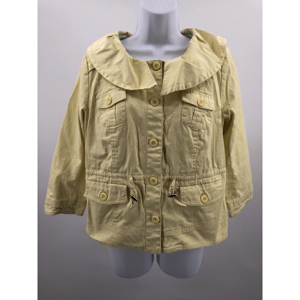 Cropped Yellow Jacket Sandro Sz M Button Front Coat 3/4 Sleeve Ruffle Neckline